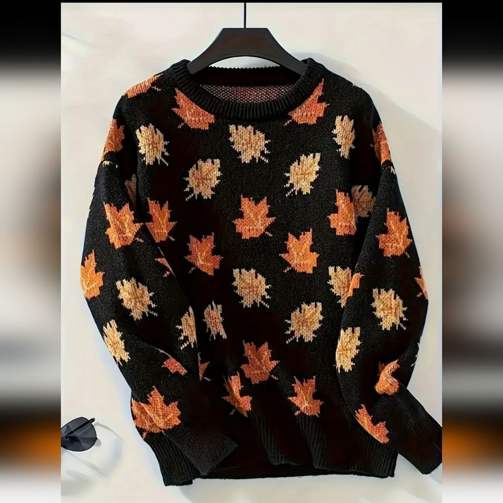 Oversized Autumn Leaves Design Pullover Knit Sweater Sz 20